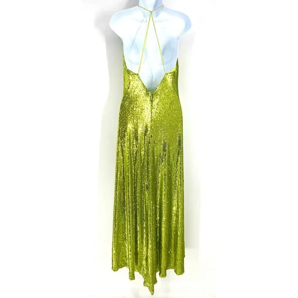 Halston Neon Kiara Green Sequin Deep V-Neck Slip Gown Floor Length Dress Size 10 - Picture 4 of 16
